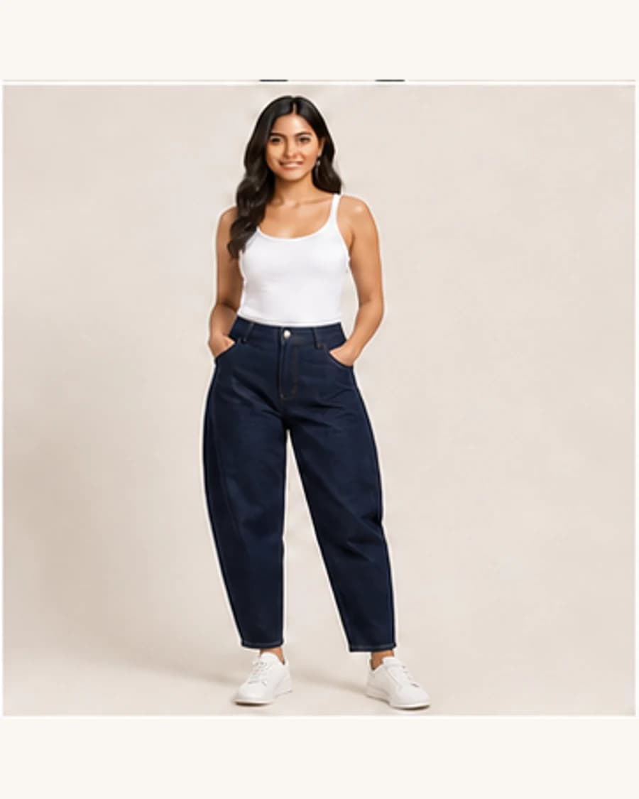 After Dark Barrel Jean: front styling view on an adult Indian model