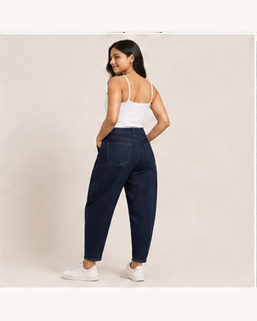 After Dark Barrel Jean: three-quarter styling view