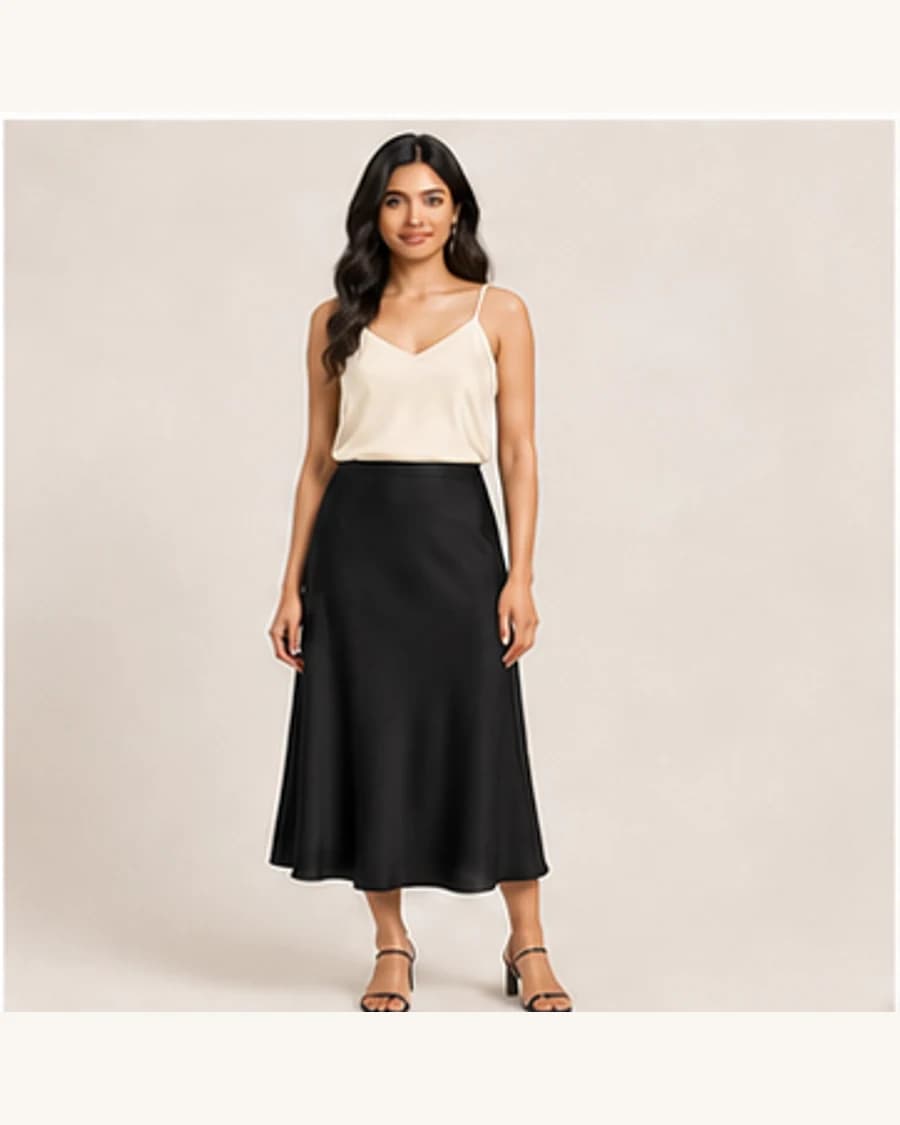 After Dark Bias Midi Skirt: front styling view on an adult Indian model