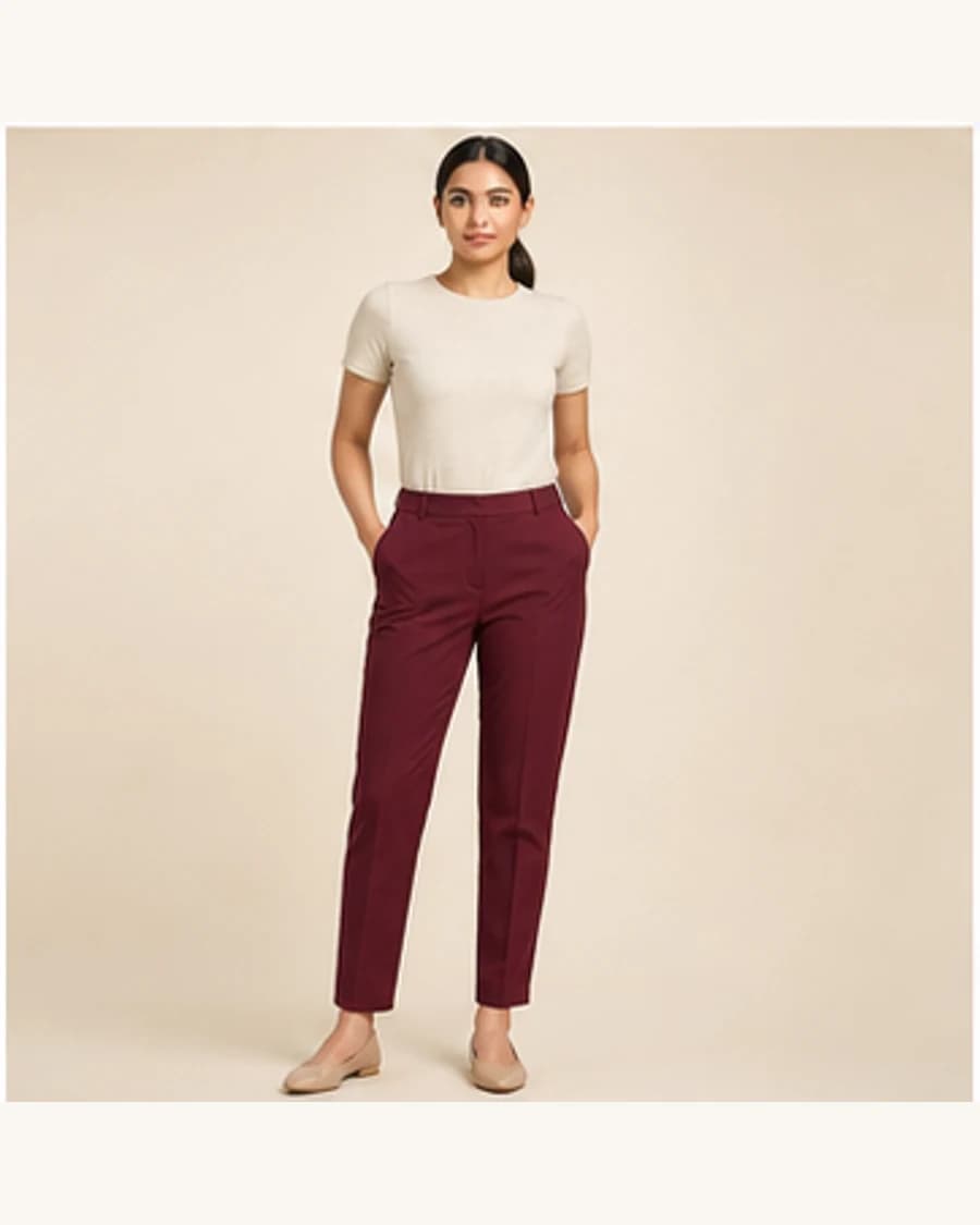 After Dark Cigarette Trouser: front styling view on an adult Indian model