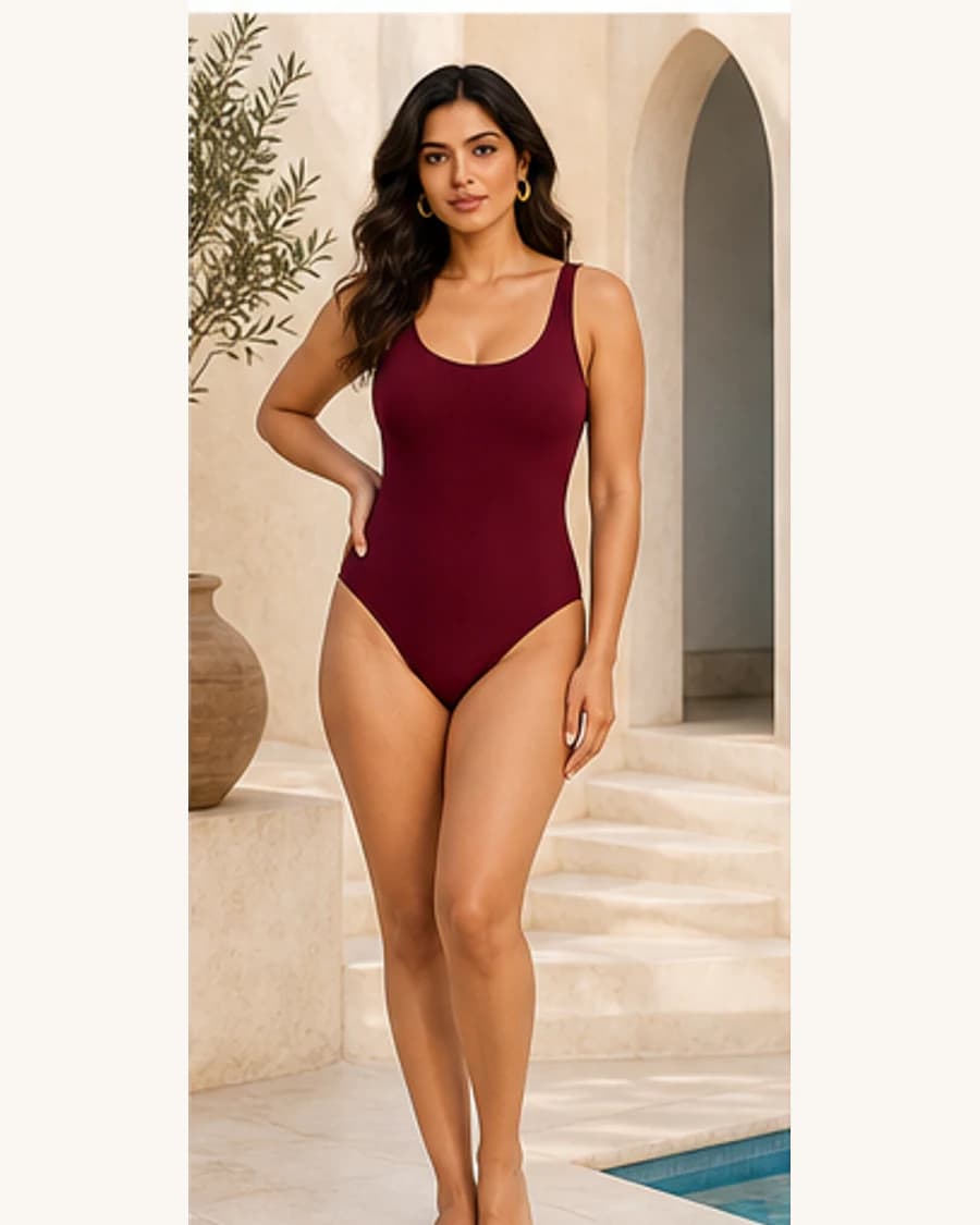 Azure Scoop One Piece: front styling view on an adult Indian model