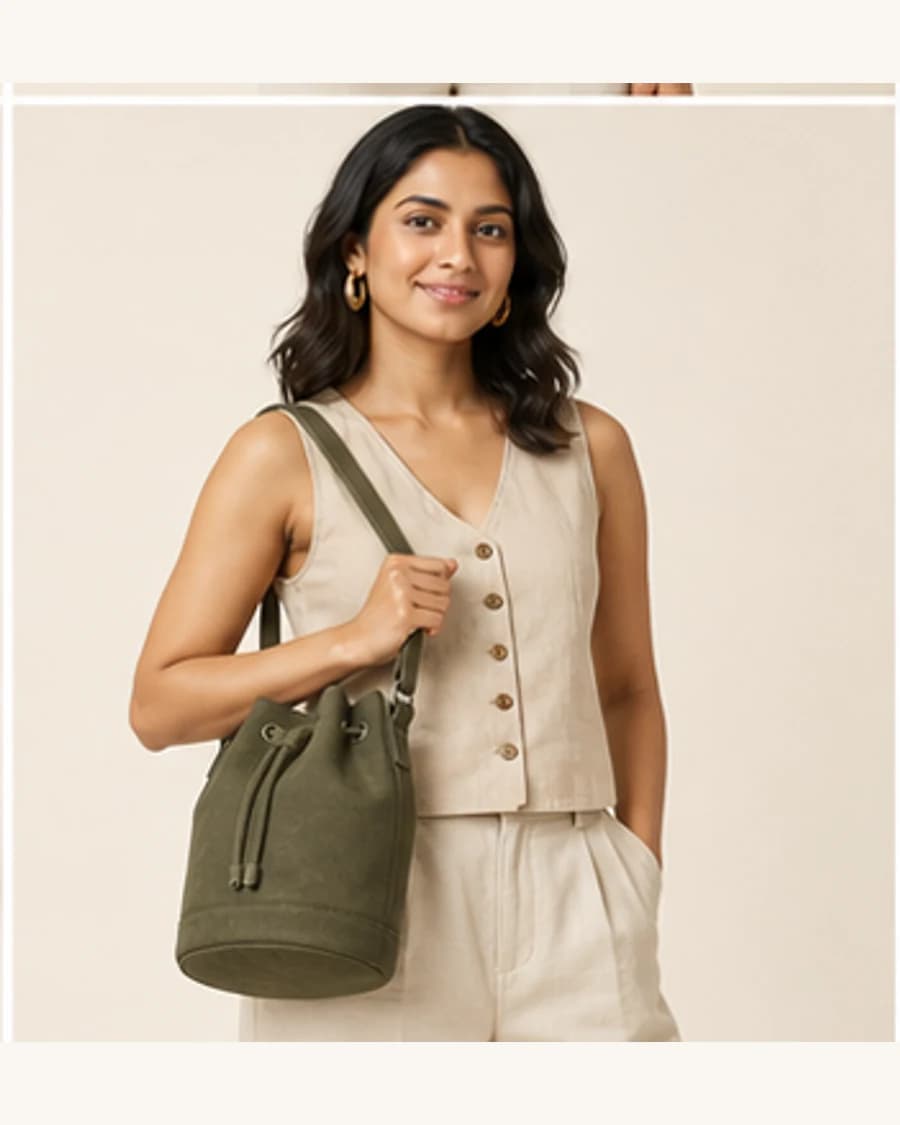 Canvas Bucket Bag: front styling view on an adult Indian model
