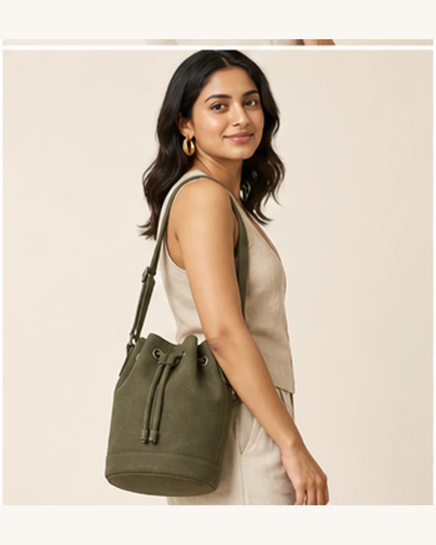 Canvas Bucket Bag: three-quarter styling view