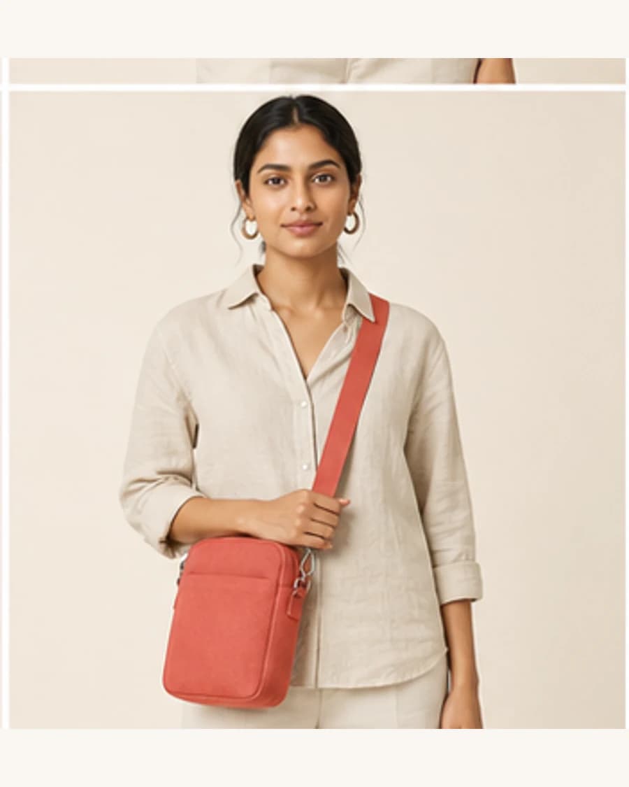 Canvas Crossbody Bag: front styling view on an adult Indian model