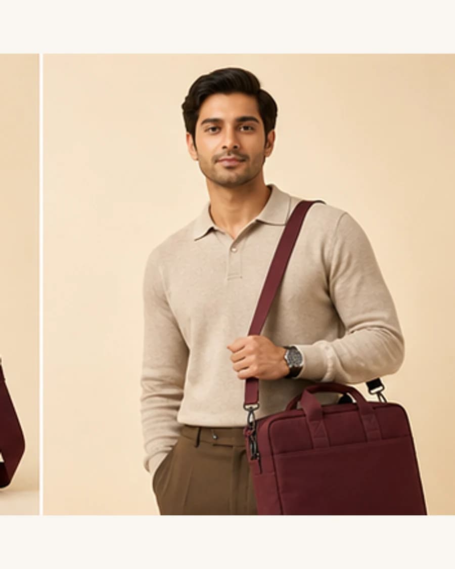 Canvas Laptop Carryall: front styling view on an adult Indian model