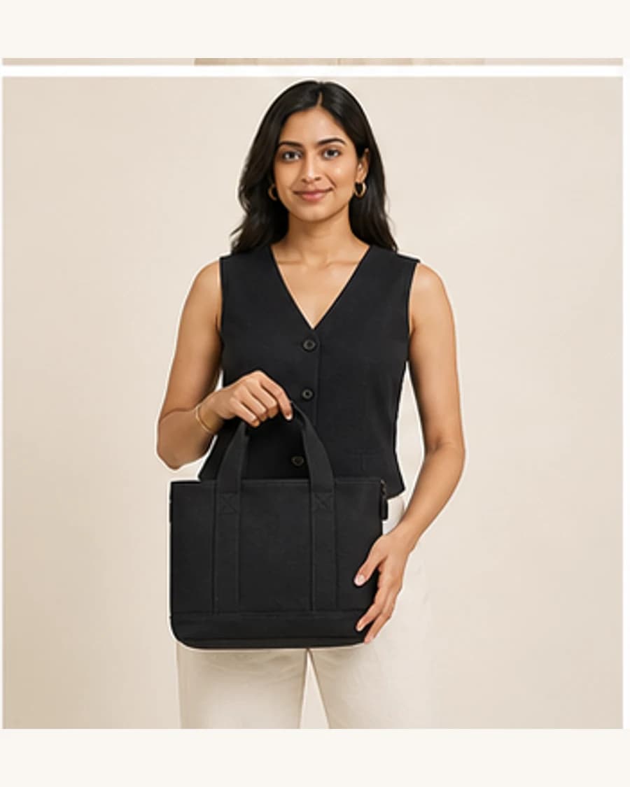 Canvas Mini Tote: front styling view on an adult Indian model