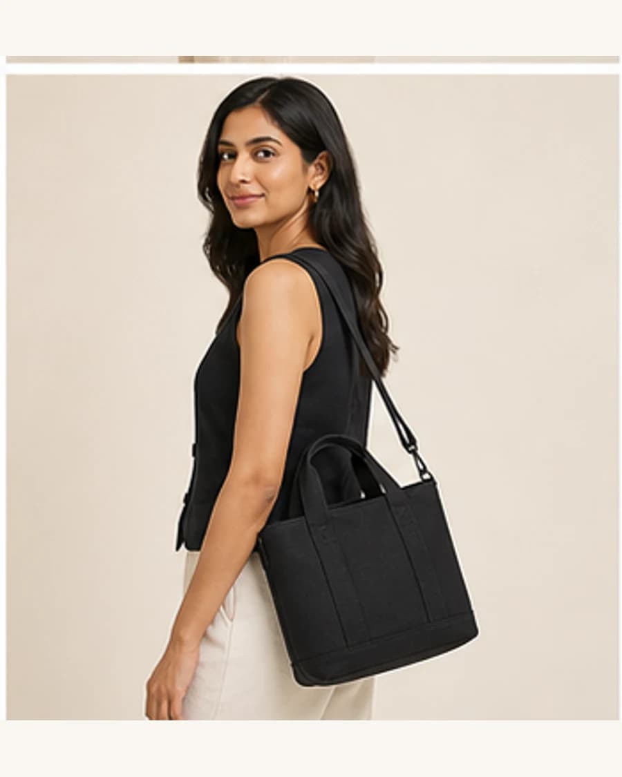 Canvas Mini Tote: three-quarter styling view