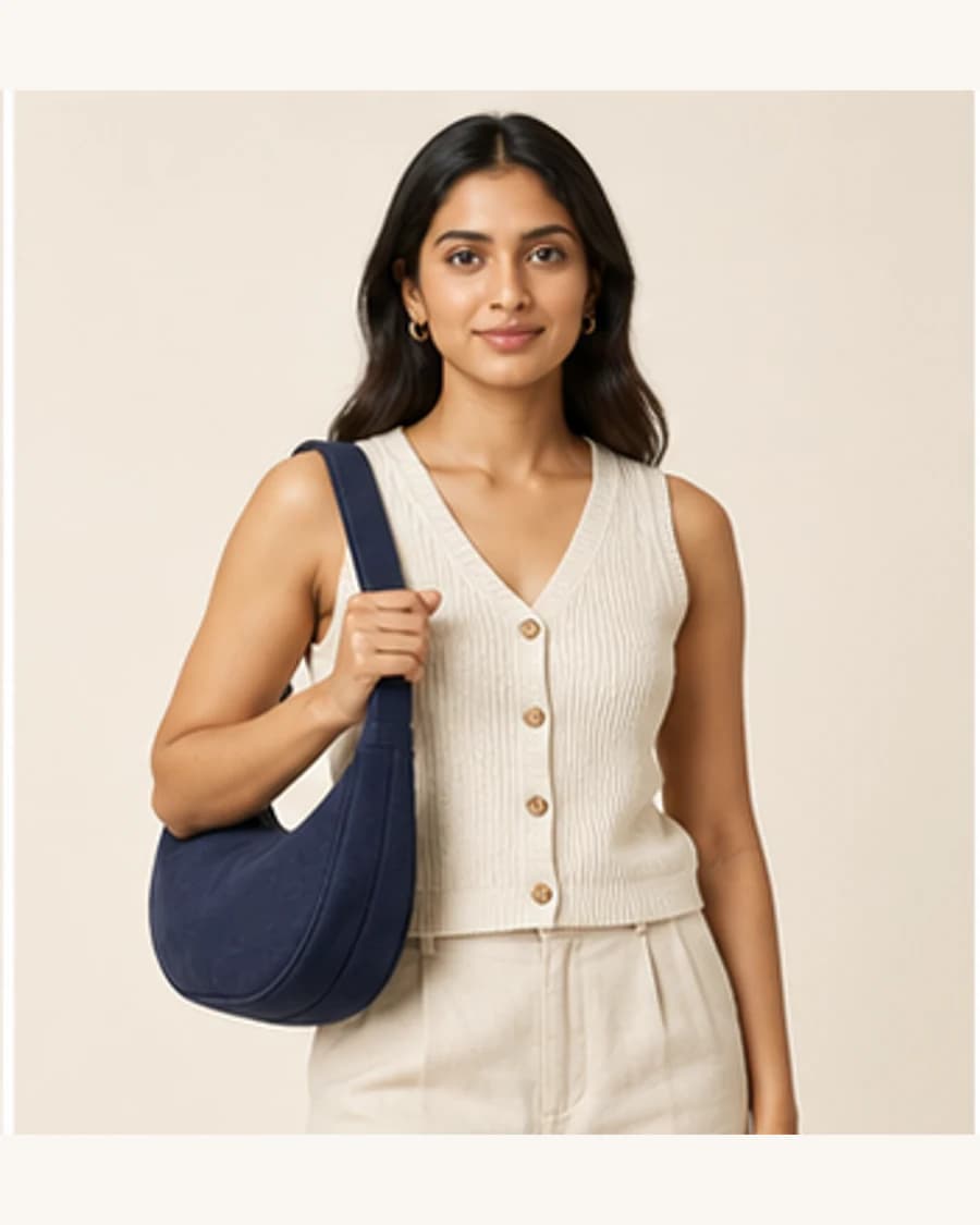 Canvas Shoulder Bag: front styling view on an adult Indian model