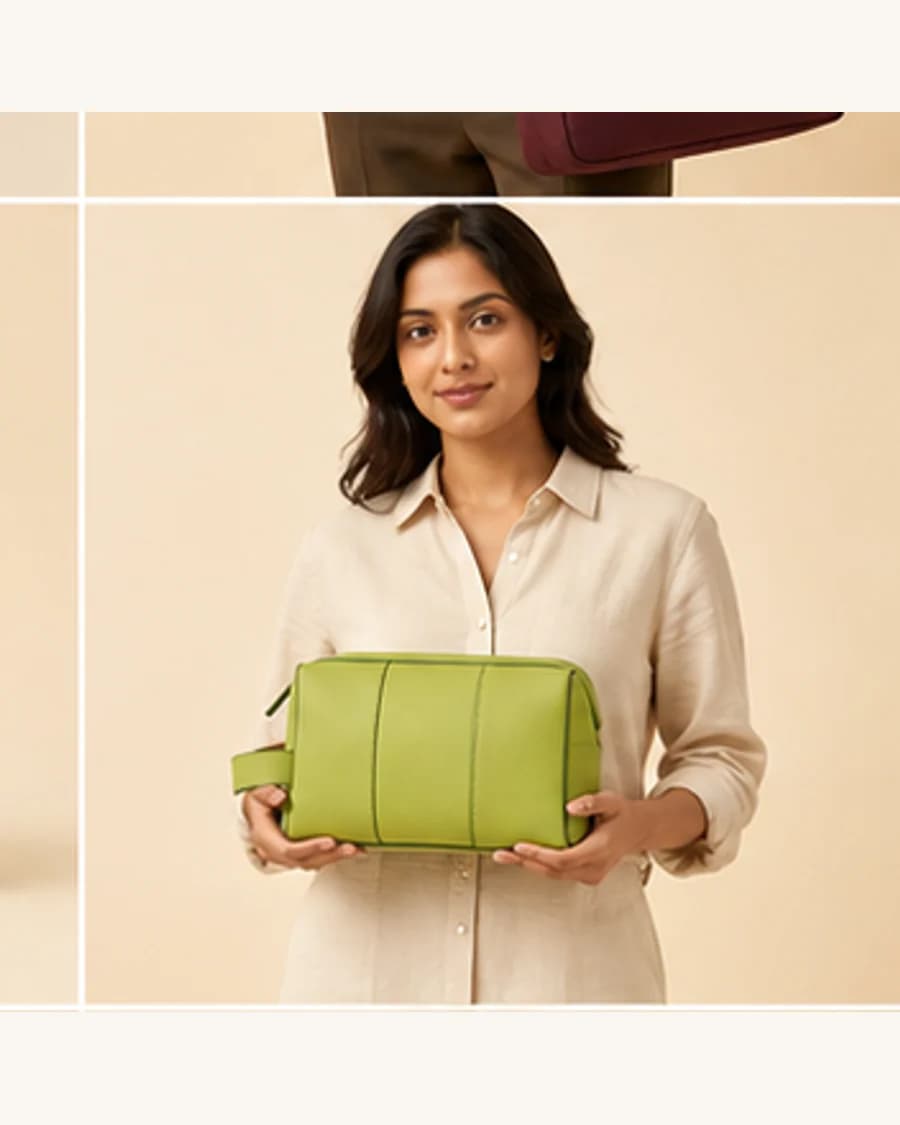 Canvas Travel Pouch: front styling view on an adult Indian model