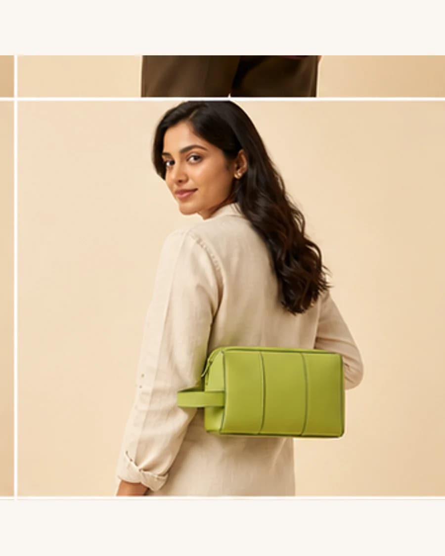 Canvas Travel Pouch: three-quarter styling view