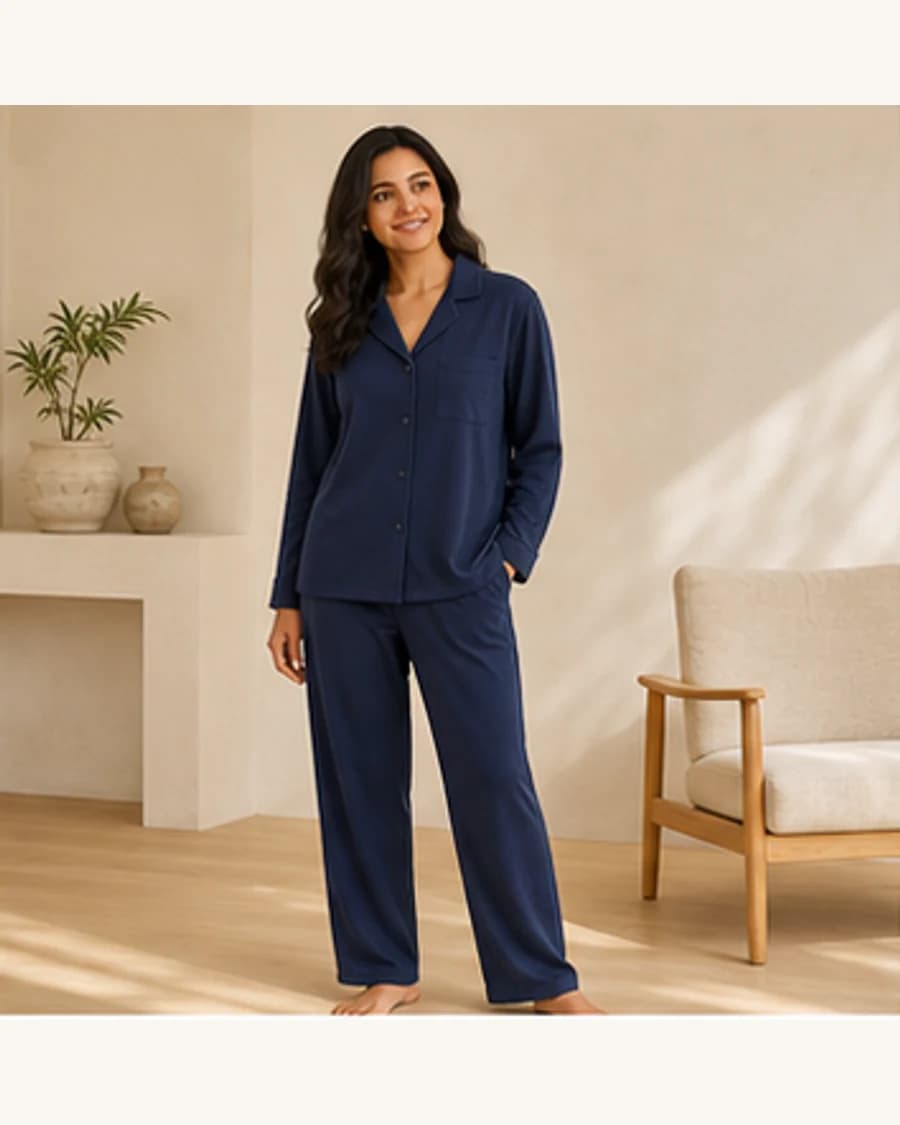 Cloud Relaxed Pyjama Set: front styling view on an adult Indian model