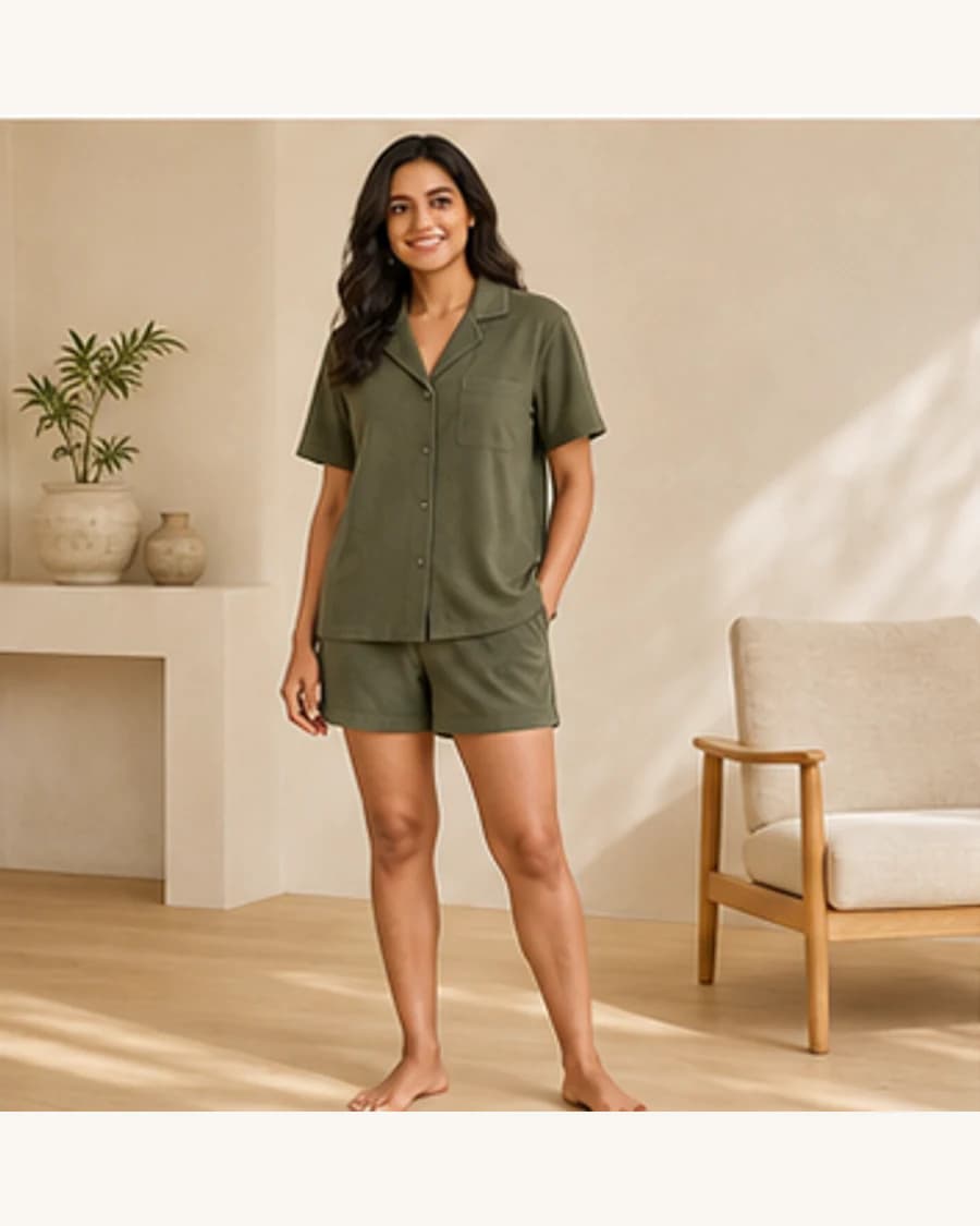 Cloud Sleep Short Set: front styling view on an adult Indian model