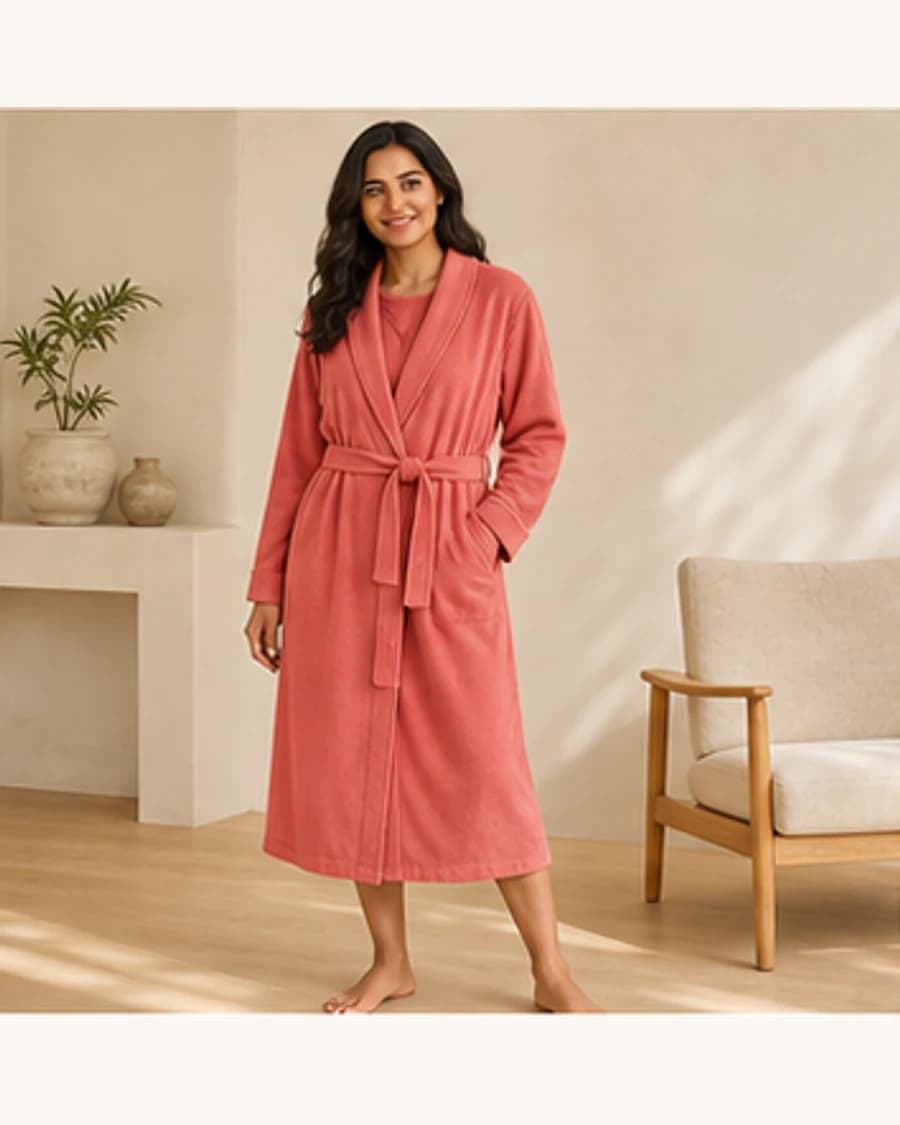 Cloud Soft Robe: front styling view on an adult Indian model