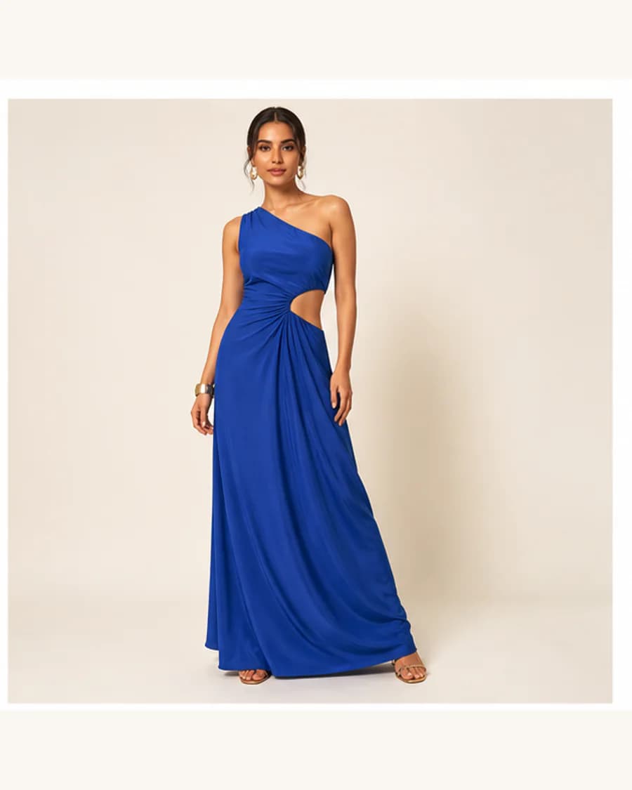 Cobalt Riviera Maxi Dress in Cobalt: front styling view on an adult Indian model
