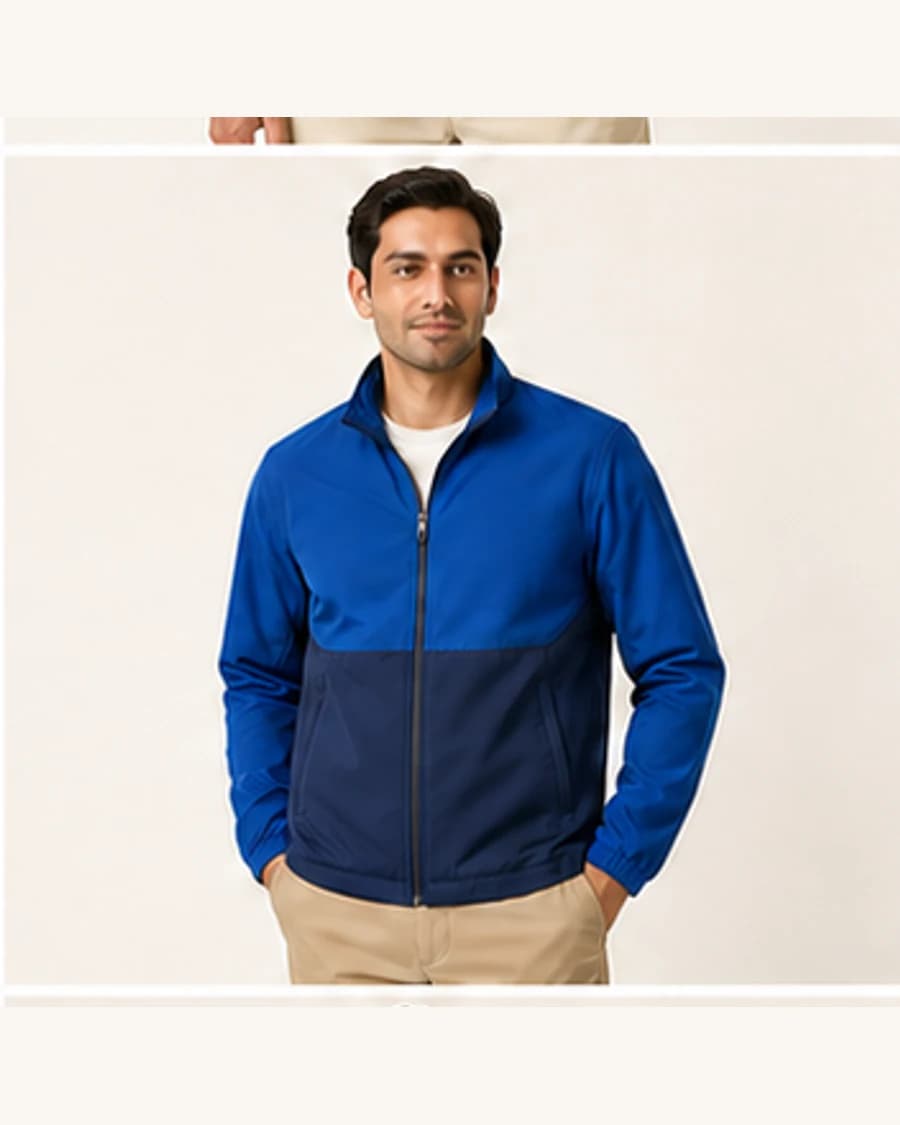 Colour Block Zip Layer: front styling view on an adult Indian model