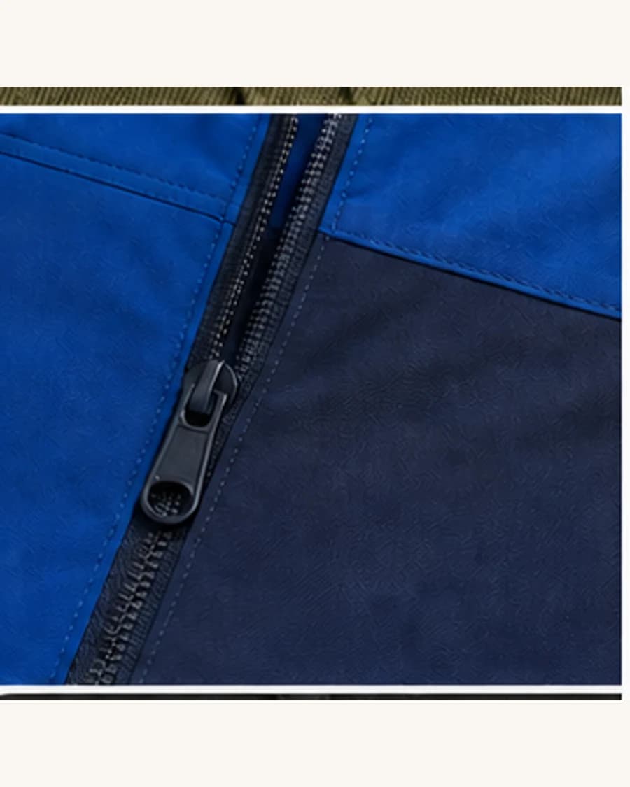 Colour Block Zip Layer: close-up detail view