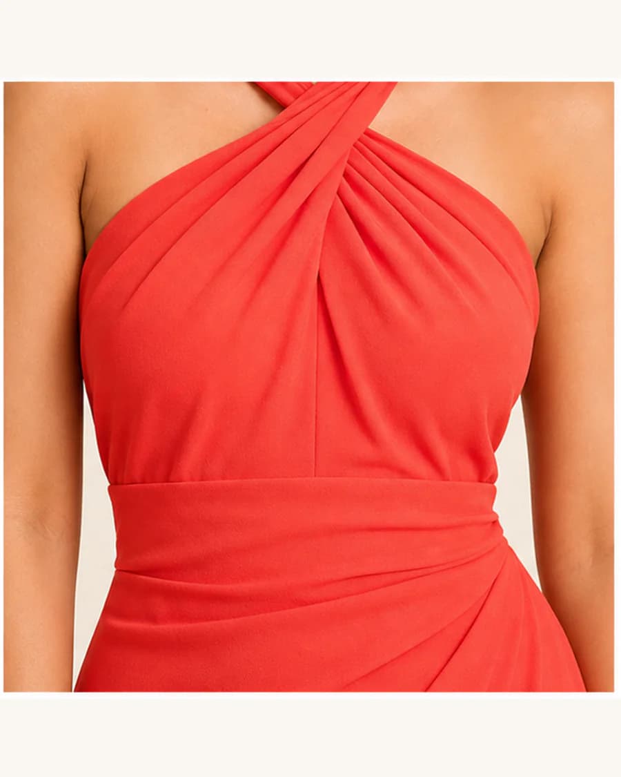 Coral Twist Halter Dress in Coral: close-up detail view