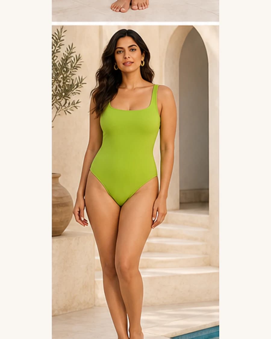 Cove Square Neck Swimsuit: front styling view on an adult Indian model