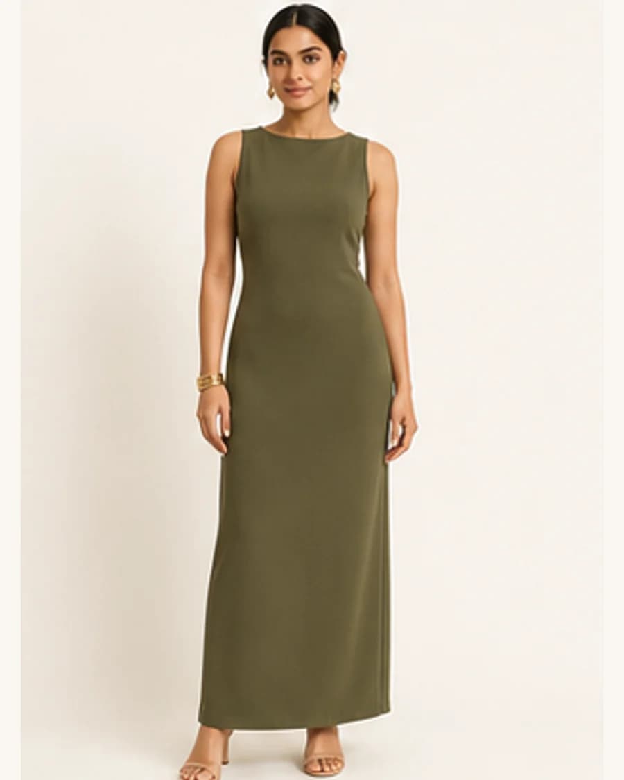 Gallery Column Maxi Dress: front styling view on an adult Indian model