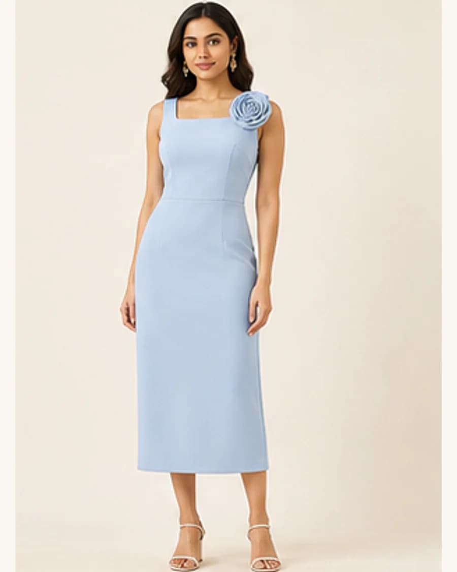 Gallery Corsage Midi Dress: front styling view on an adult Indian model