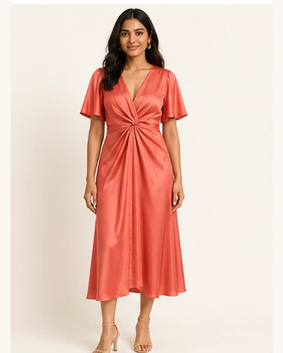 Gallery Knot Front Dress: front styling view on an adult Indian model