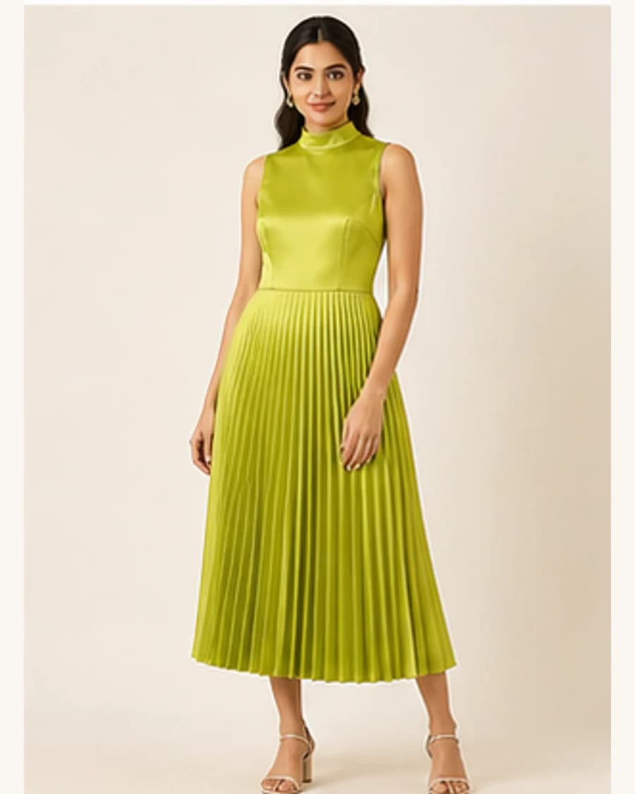 Gallery Pleat Dress: front styling view on an adult Indian model