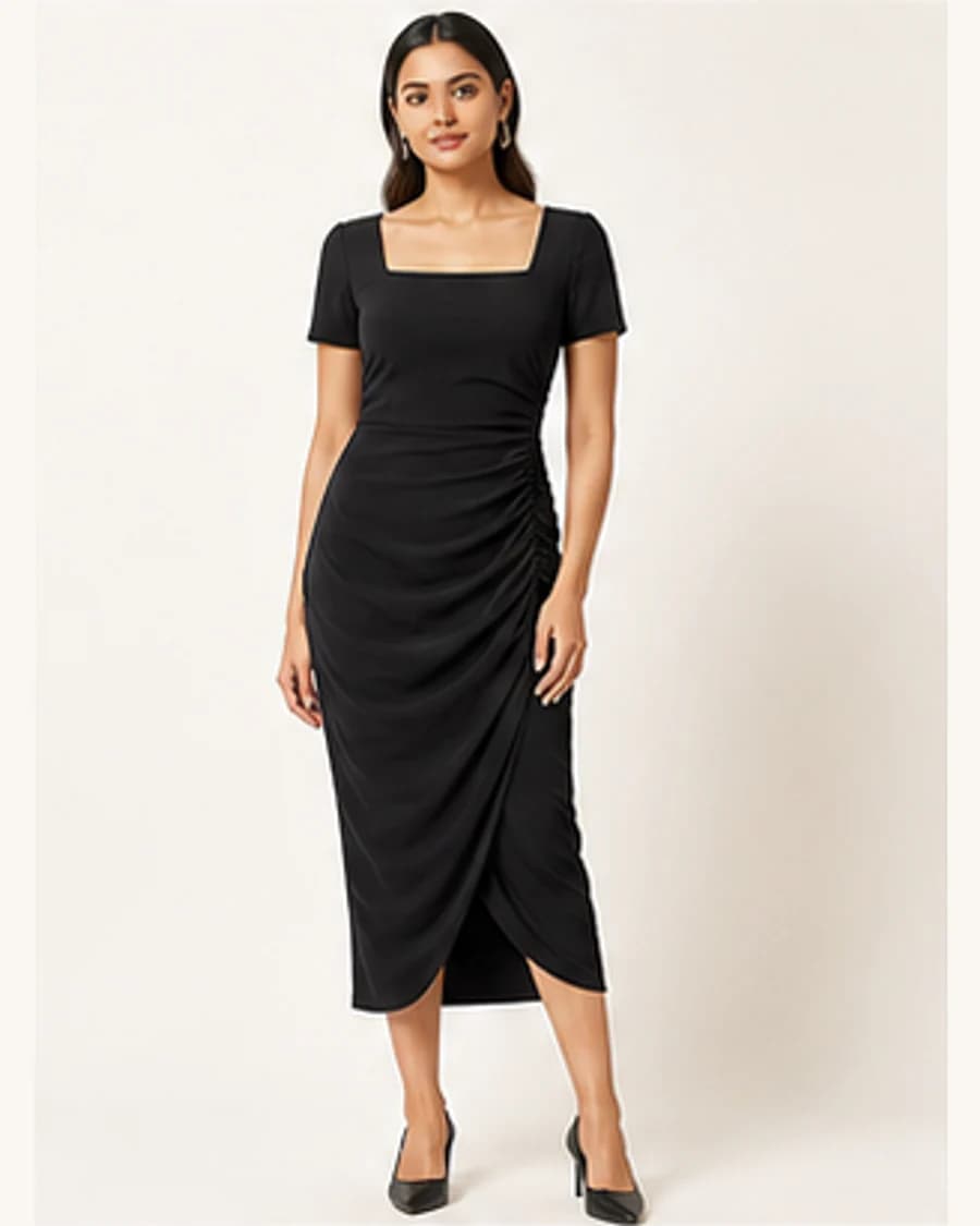 Gallery Ruched Midi Dress: front styling view on an adult Indian model