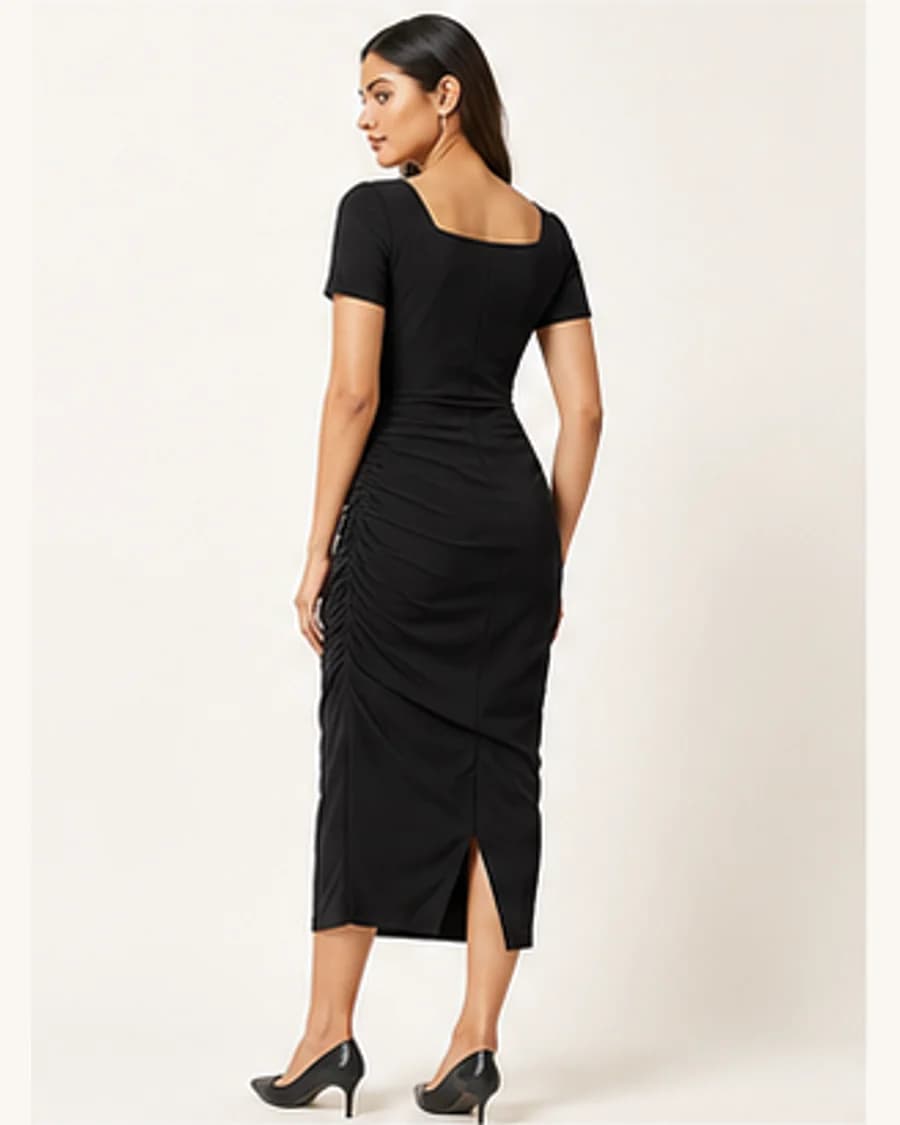 Gallery Ruched Midi Dress: three-quarter styling view