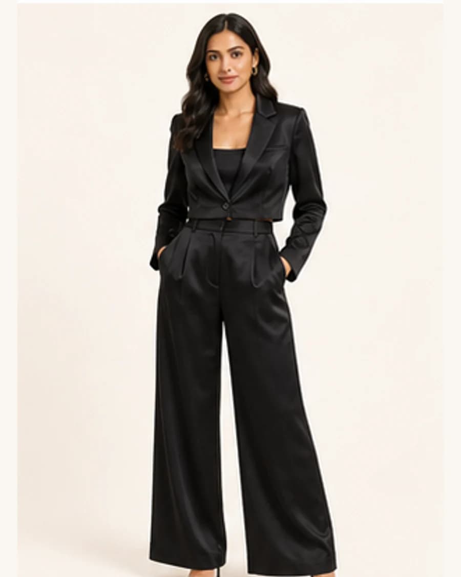 Gallery Tailored Co Ord Set: front styling view on an adult Indian model