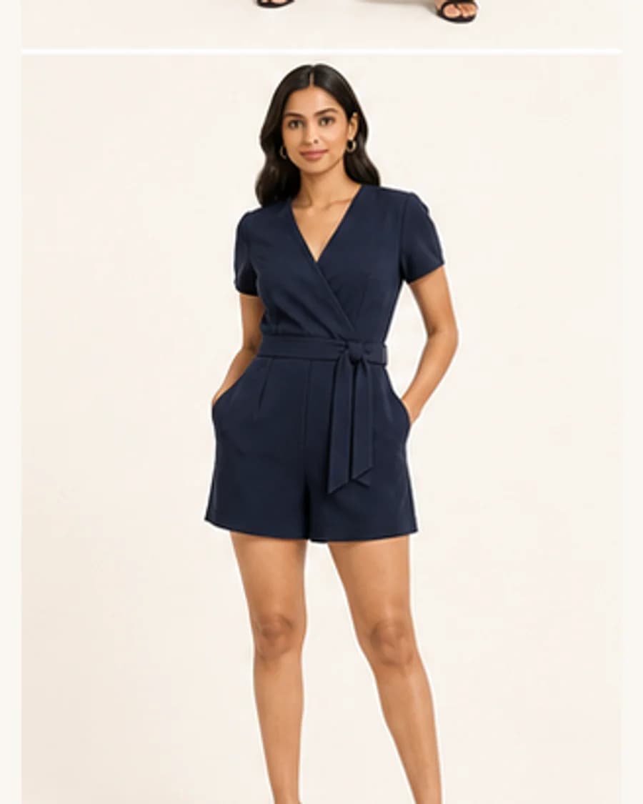 Gallery Weekend Playsuit: front styling view on an adult Indian model