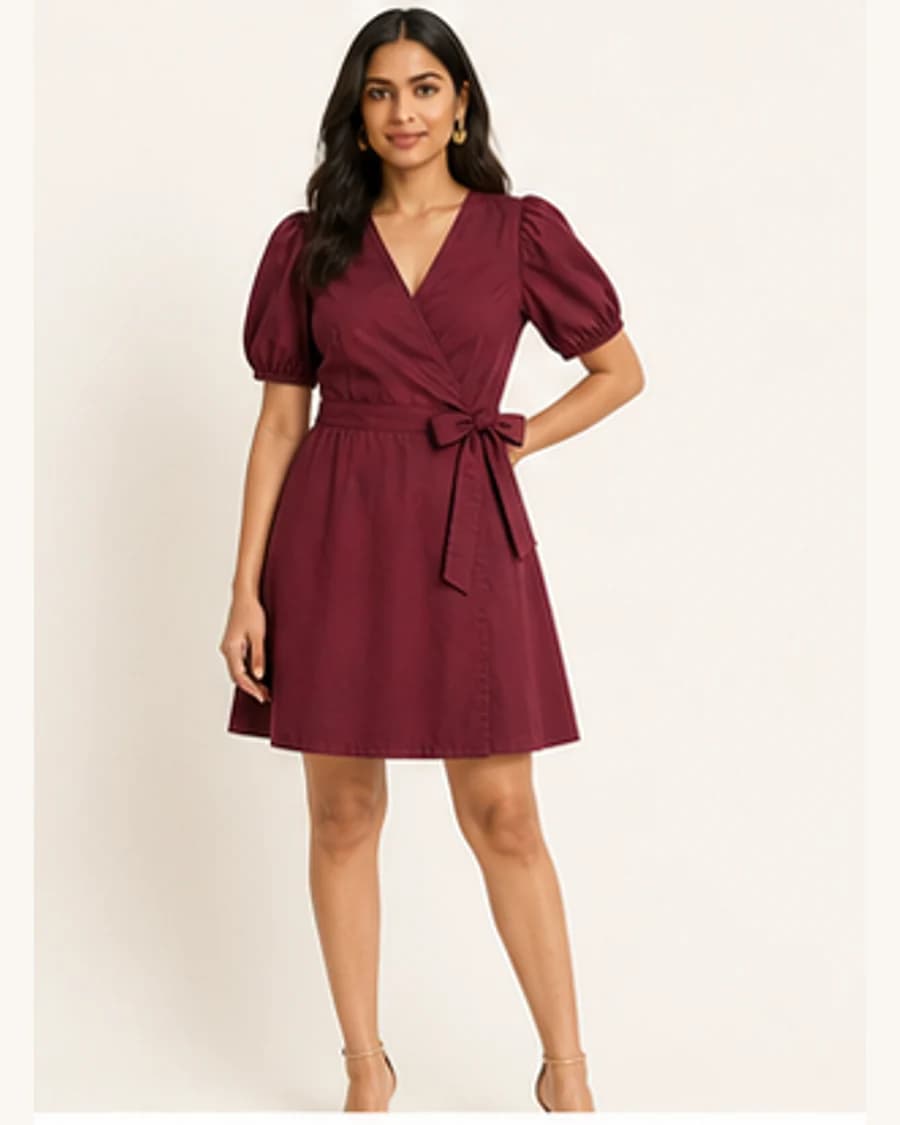 Gallery Wrap Mini Dress: front styling view on an adult Indian model
