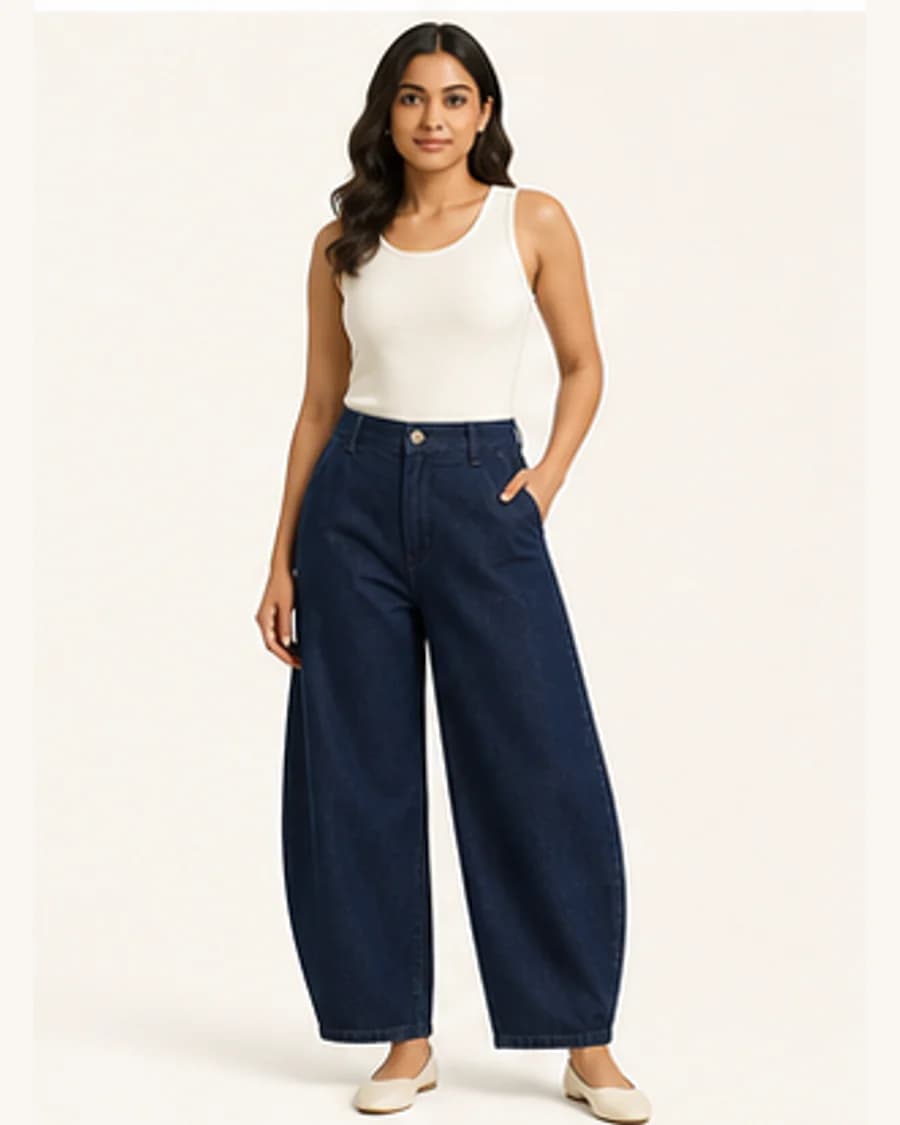 Harbour Barrel Jean: front styling view on an adult Indian model