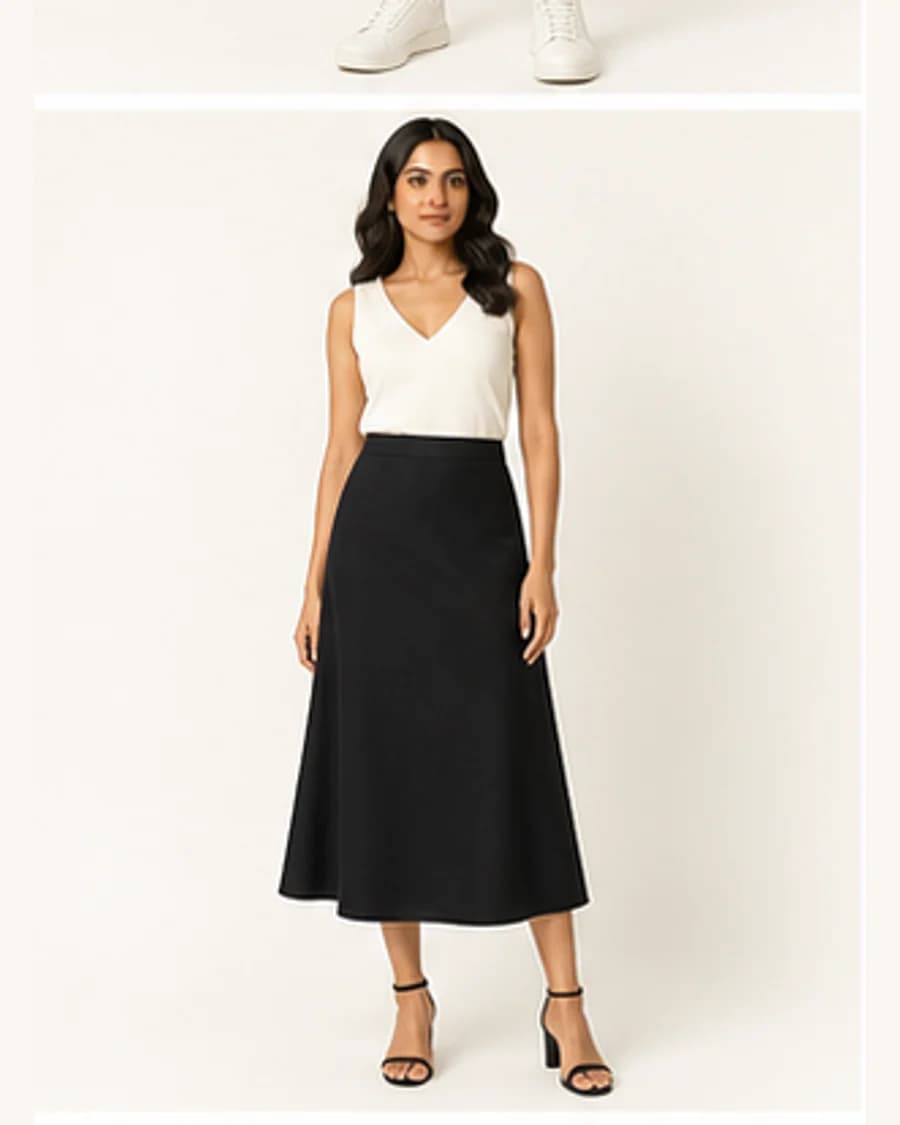 Harbour Bias Midi Skirt: front styling view on an adult Indian model