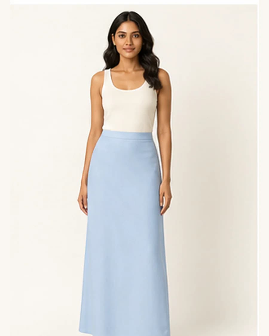 Harbour Column Skirt: front styling view on an adult Indian model