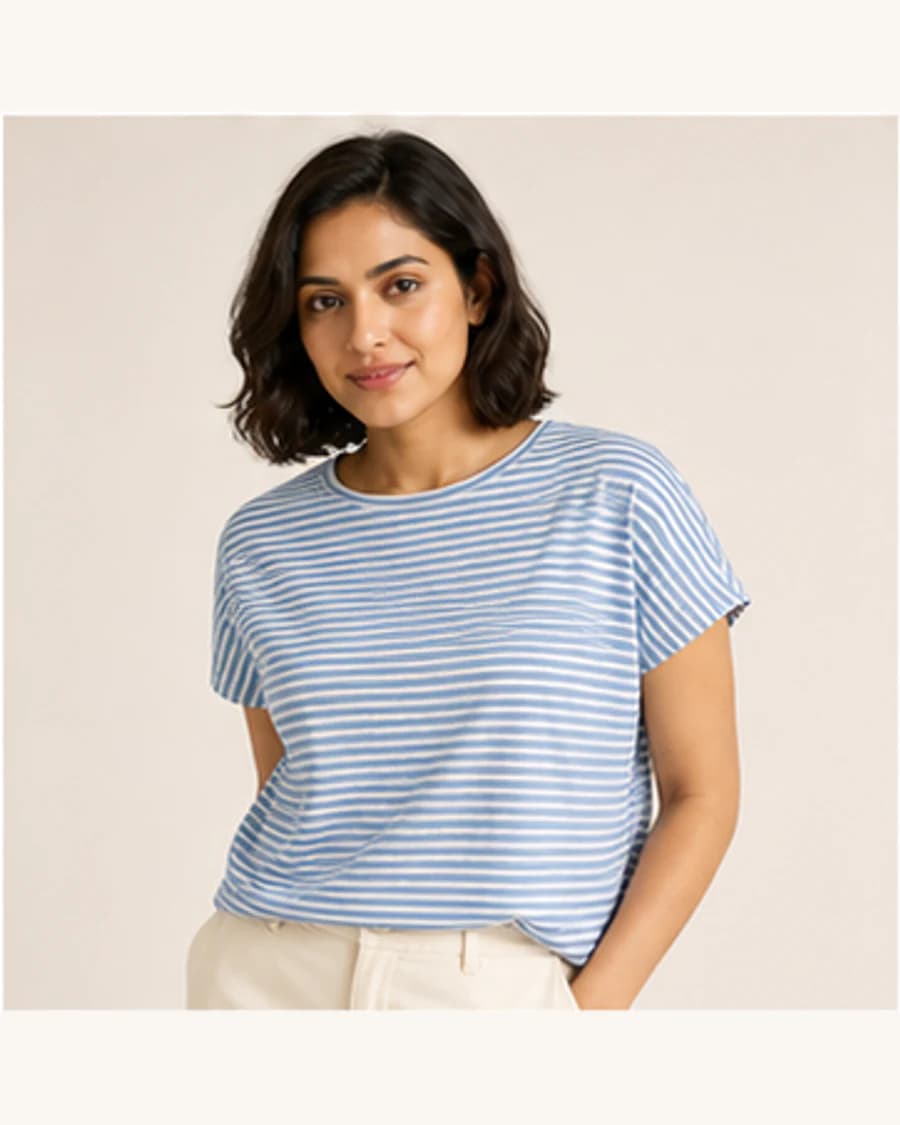 Harbour Stripe Crew Top: front styling view on an adult Indian model