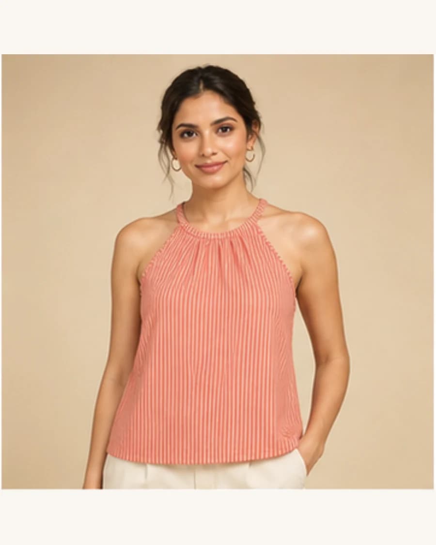 Harbour Stripe Halter Top: front styling view on an adult Indian model