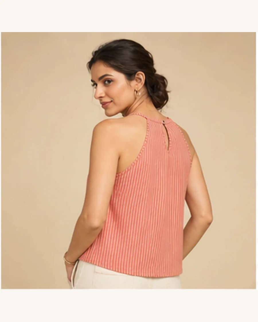 Harbour Stripe Halter Top: three-quarter styling view