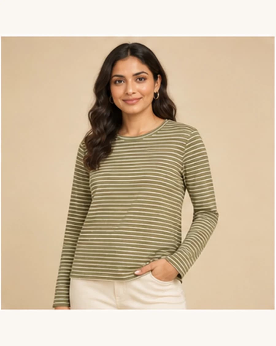 Harbour Stripe Long Sleeve Tee: front styling view on an adult Indian model