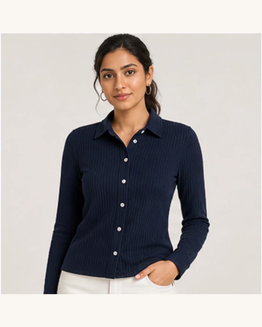 Harbour Stripe Relaxed Shirt: front styling view on an adult Indian model