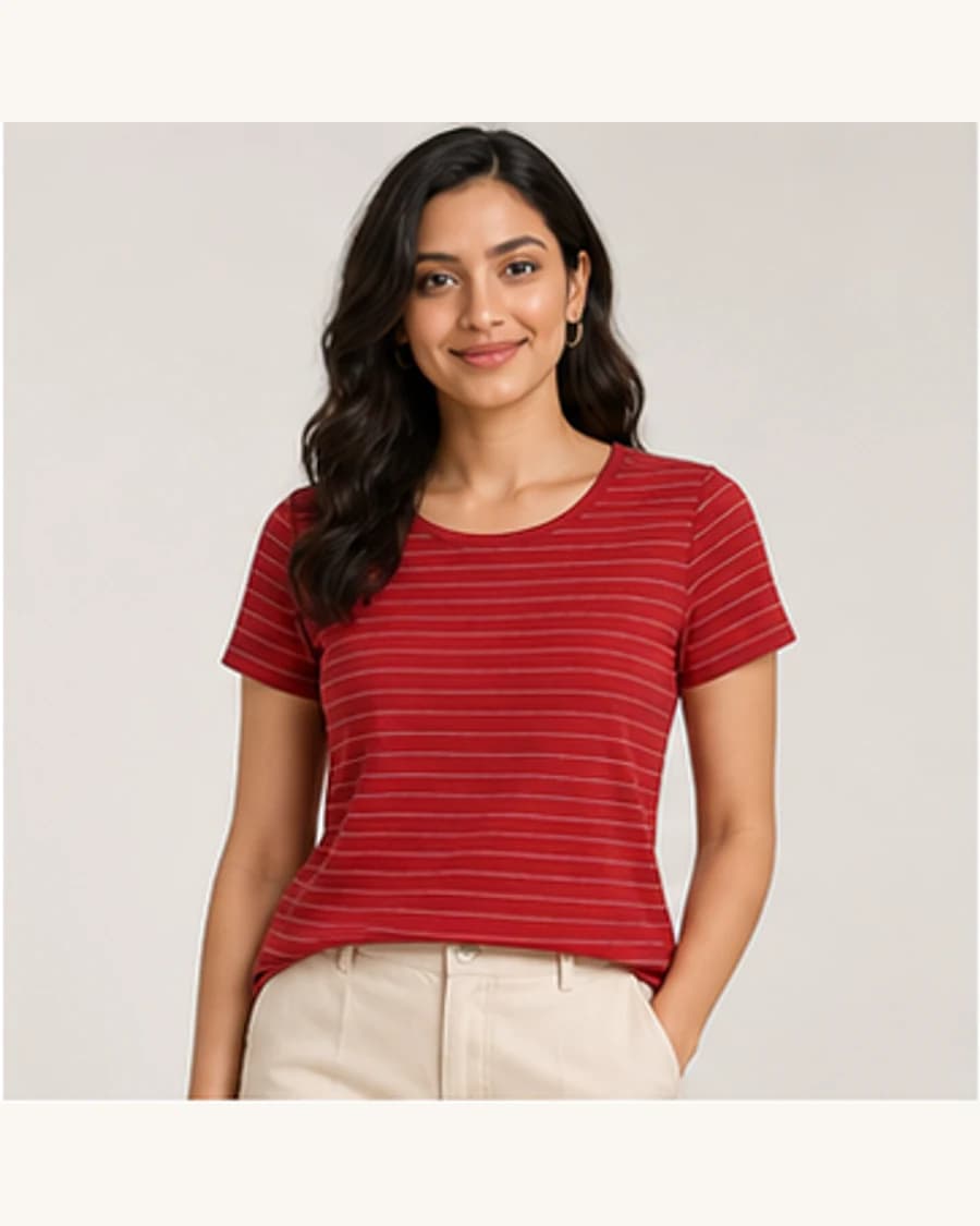Harbour Stripe Scoop Top: front styling view on an adult Indian model