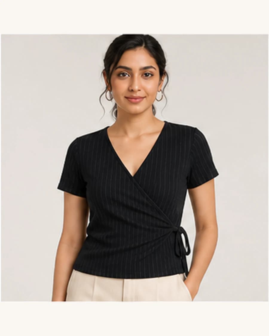 Harbour Stripe Wrap Blouse: front styling view on an adult Indian model