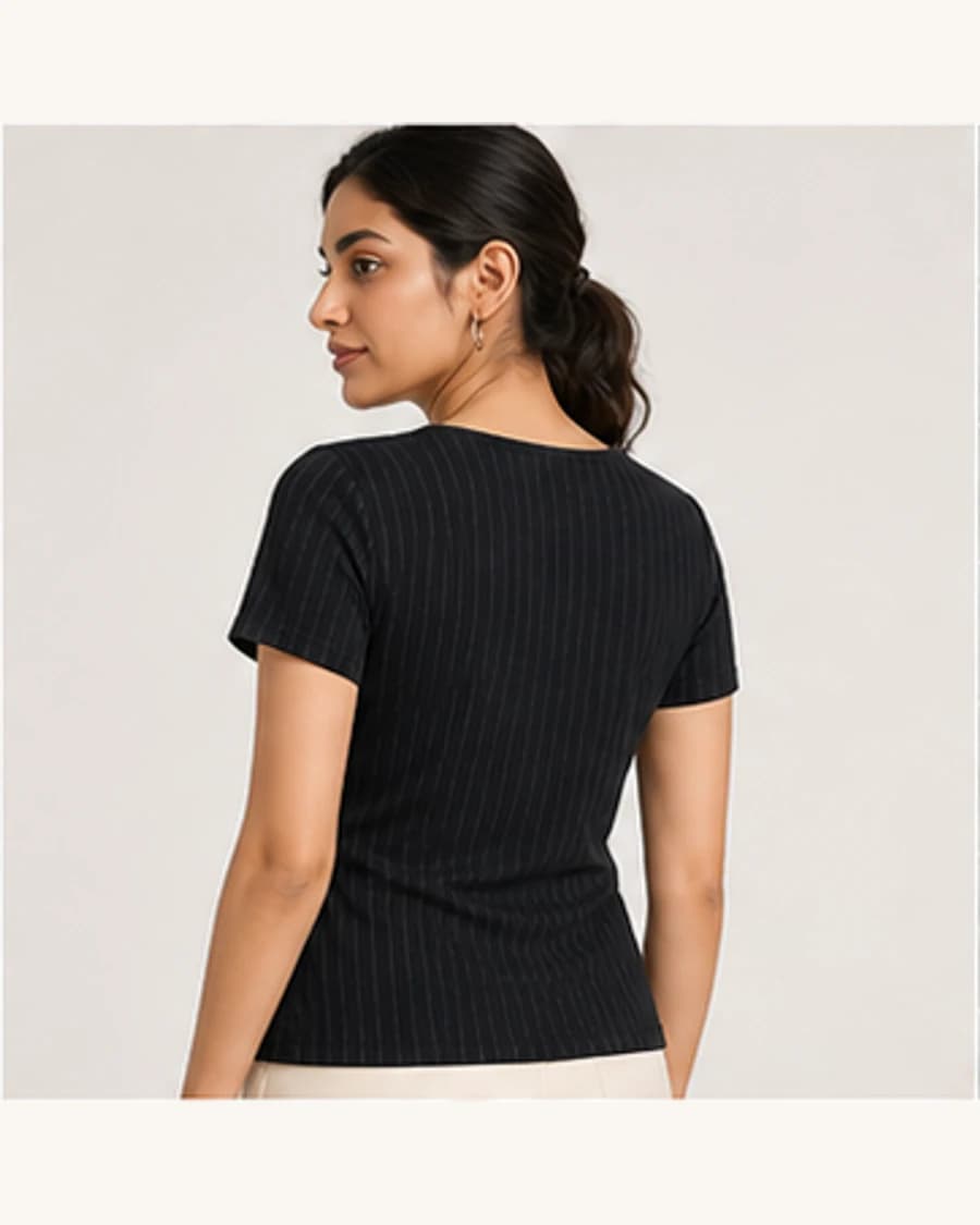 Harbour Stripe Wrap Blouse: three-quarter styling view