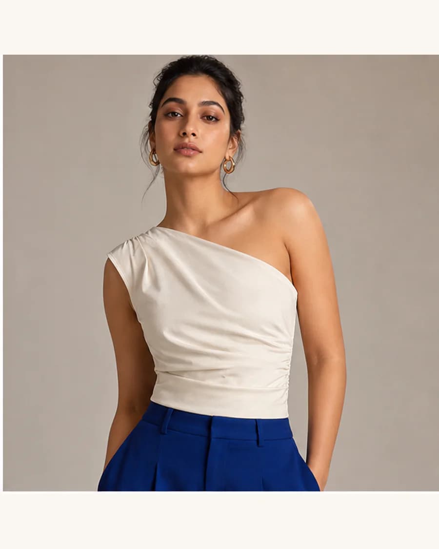 Ivory Halo One-Shoulder Top in White: front styling view on an adult Indian model