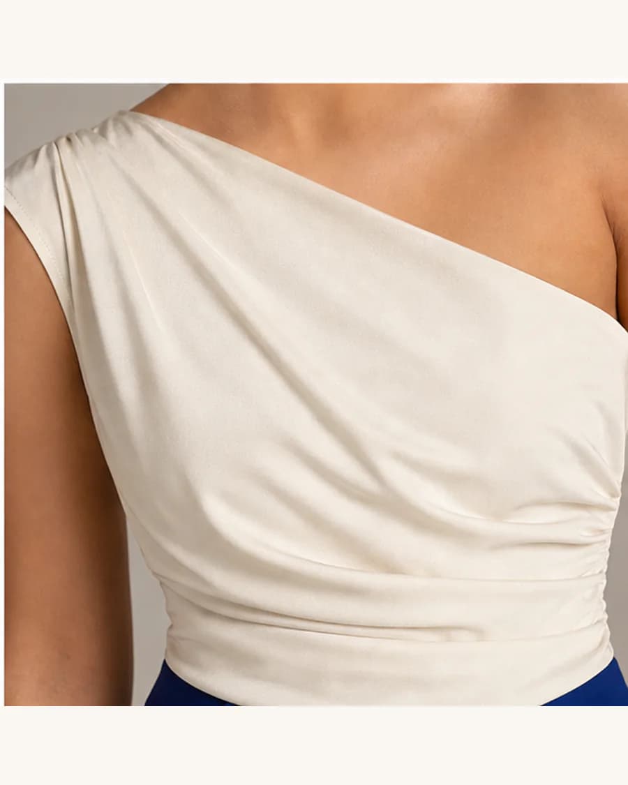 Ivory Halo One-Shoulder Top in White: close-up detail view
