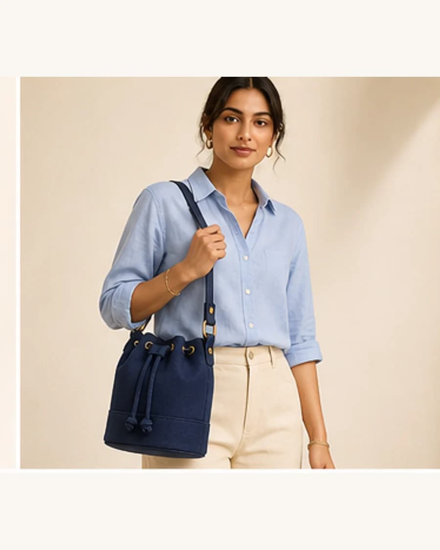 Metro Bucket Bag: front styling view on an adult Indian model