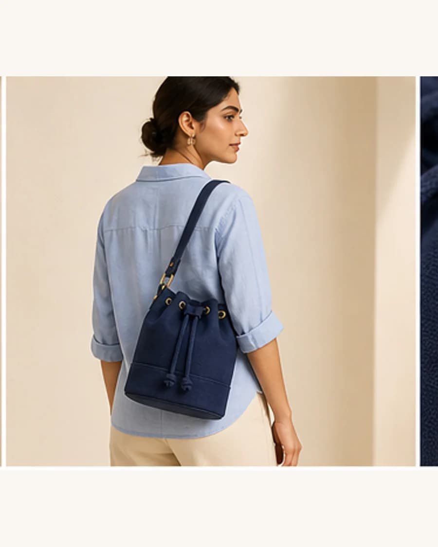 Metro Bucket Bag: three-quarter styling view