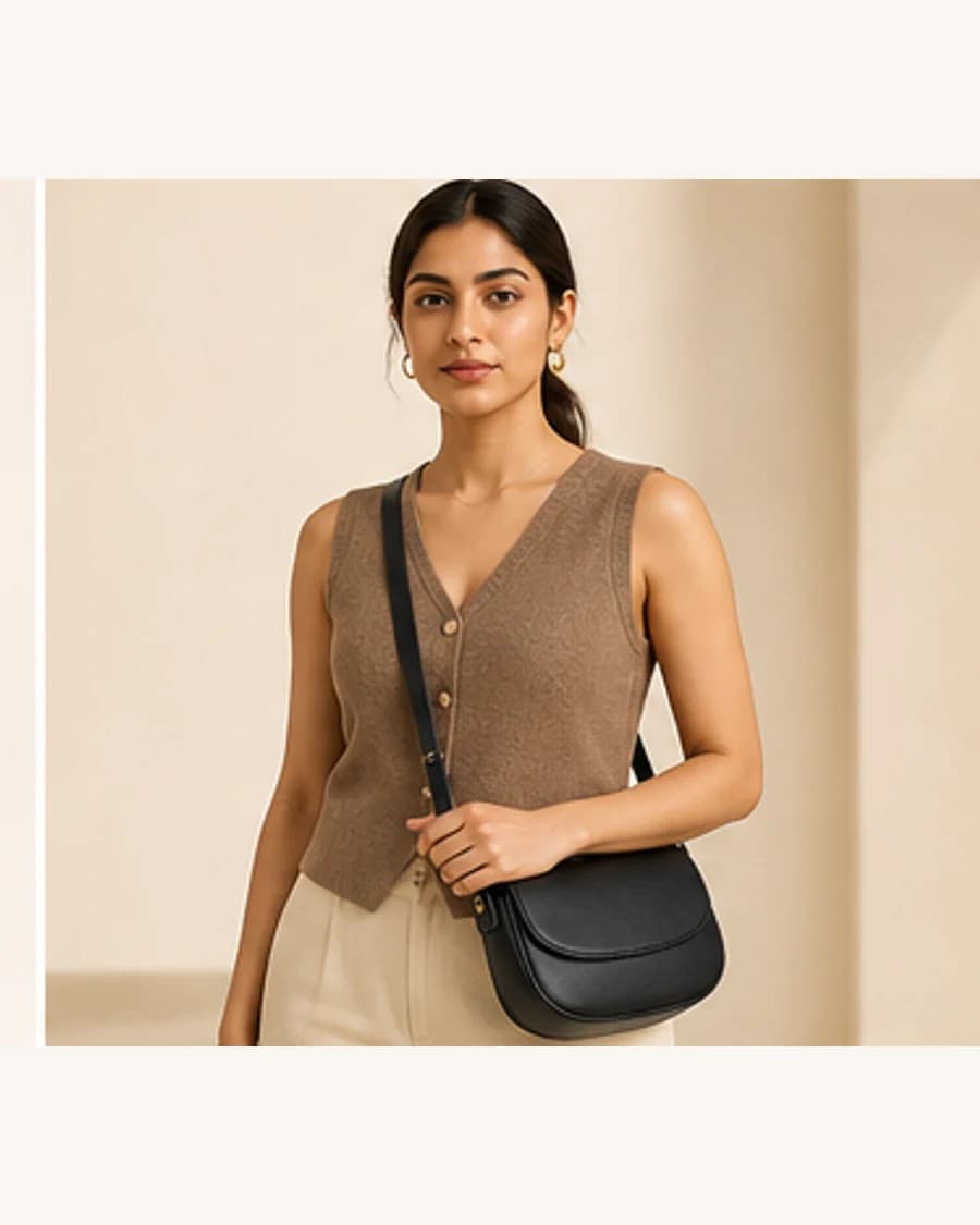 Metro Crossbody Bag: front styling view on an adult Indian model