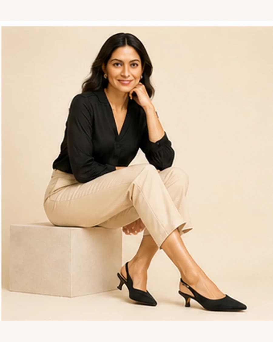 Metro Kitten Heel Slingback: front styling view on an adult Indian model