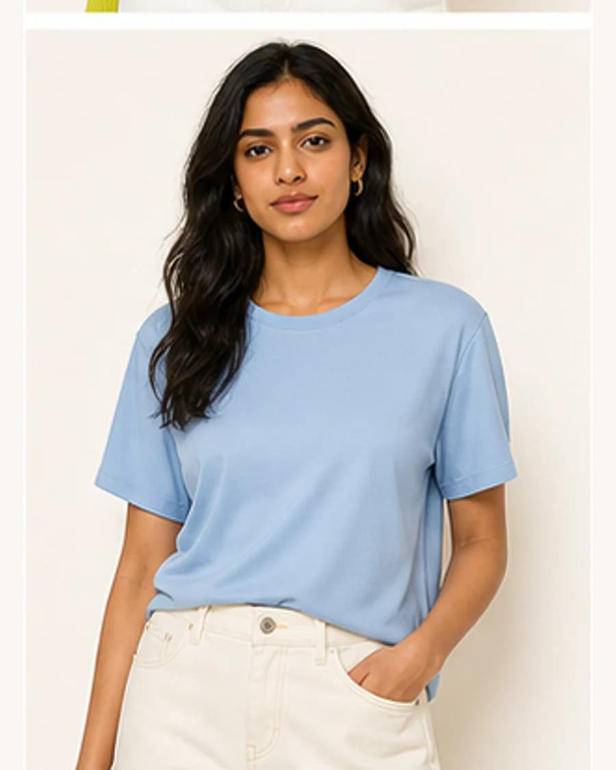 Metro Knit Crew Top: front styling view on an adult Indian model
