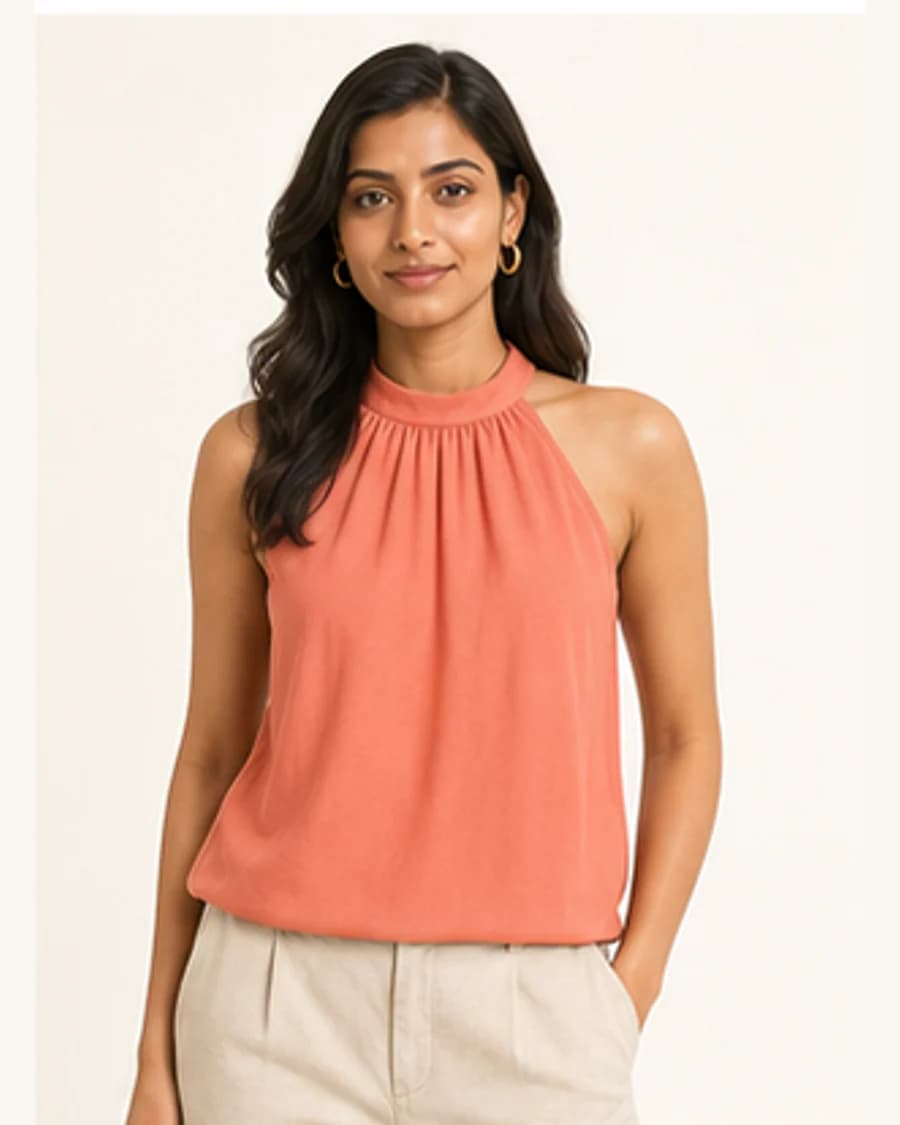 Metro Knit Halter Top: front styling view on an adult Indian model